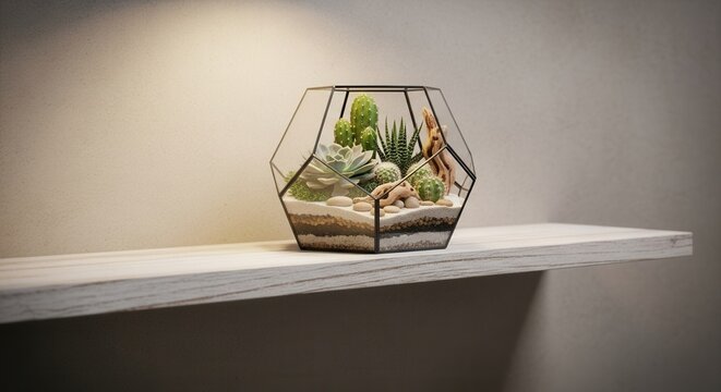 A geometric glass terrarium with various succulents and cacti sits on a light wooden shelf against a softly lit wall