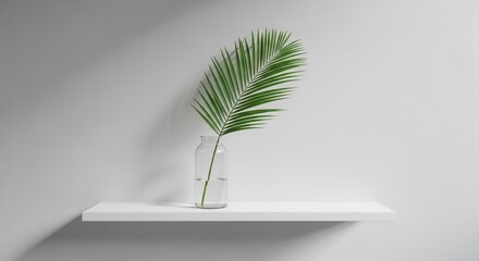 A green palm frond in a clear glass vase with water sits on a white floating shelf against a light gray wall with soft shadows