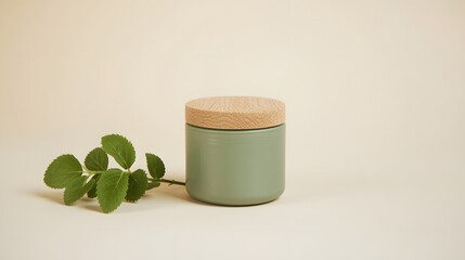 Minimalist natural candle with wooden lid and green eucalyptus branch on beige background, representing calm relaxation, eco-friendly design, and modern aromatherapy home decor aesthetic concept.