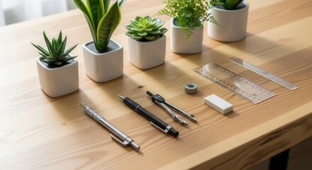 A light wooden table displays several small potted plants alongside drafting instruments like rulers pencils a compass and an eraser illuminated by natural light