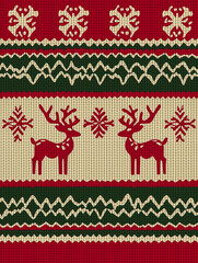 Festive pattern featuring reindeer, trees, and snowflakes in vibrant colors, creating a cheerful holiday atmosphere, perfect for seasonal designs and decorations
