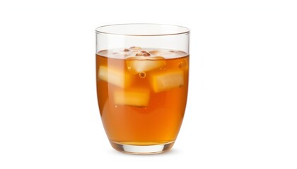 Iced tea with ice cubes in a transparent glass on white background  