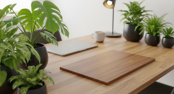 A light wooden desk features various potted green plants a closed silver laptop a white coffee cup a dark desk lamp and a rectangular wooden board