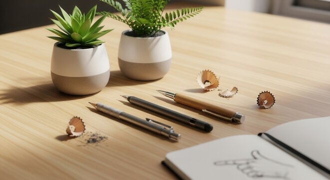 A light wooden table features two potted plants three writing instruments scattered pencil shavings and an open sketchpad with a drawing