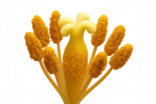 Yellow flower stamen and stigma parts showing pollen on anthers and pistil, focusing on plant reproduction