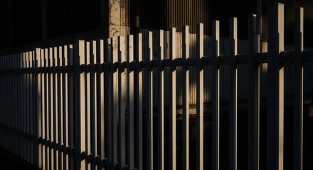 A metal fence with strong vertical bars displays stark patterns of light and shadow against an industrial background featuring corrugated siding and concrete textures