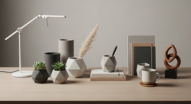 A minimalist desk setup with a white lamp geometric planters holding succulents decorative vases stacked notebooks a pen holder a ceramic mug and a wooden sculpture on a light wooden surface