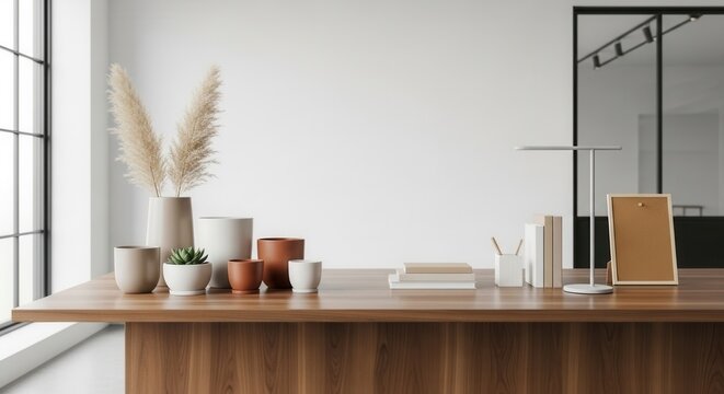 A minimalist office desk featuring a wooden surface decorative vases with pampas grass a potted succulent books a modern lamp and a cork board set against a bright wall and window