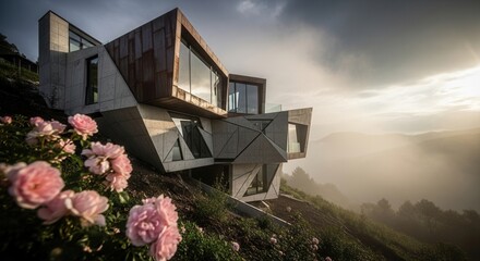 A modern geometric concrete and metal building with expansive windows is set on a rose-covered hillside overlooking a misty mountain valley at sunrise
