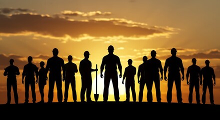 Fototapeta premium Skilled workers building future at sunset silhouette