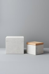 Two minimalist storage boxes made of concrete with wooden lids on a neutral gray background, showcasing modern home organization, Scandinavian design, and stylish interior decor aesthetics.