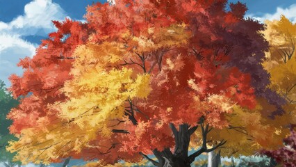 Stunning autumn trees ablaze with vibrant fall colors under a bright sunny sky, perfect for seasonal backgrounds or nature-inspired designs and promotions