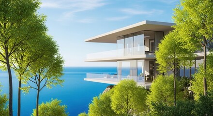 A modern minimalist cliffside house with glass balconies overlooks a deep blue ocean surrounded by vibrant green trees under a clear sky