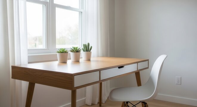 A modern wooden desk with white drawers stands near a window with sheer curtains Three small potted green plants adorn the tabletop next to a white chair on a light floor - Powered by Adobe