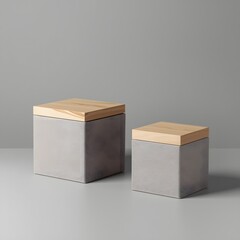 Two minimalist storage boxes made of concrete with wooden lids on a neutral gray background, showcasing modern home organization, Scandinavian design, and stylish interior decor aesthetics.