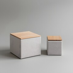 Two minimalist storage boxes made of concrete with wooden lids on a neutral gray background, showcasing modern home organization, Scandinavian design, and stylish interior decor aesthetics.
