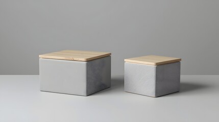Two minimalist storage boxes made of concrete with wooden lids on a neutral gray background, showcasing modern home organization, Scandinavian design, and stylish interior decor aesthetics.