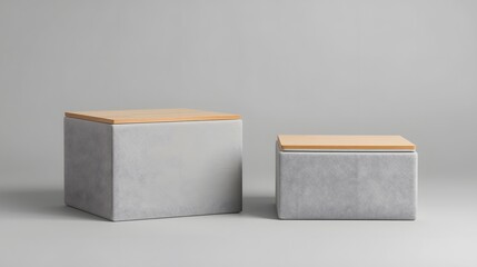 Two minimalist storage boxes made of concrete with wooden lids on a neutral gray background, showcasing modern home organization, Scandinavian design, and stylish interior decor aesthetics.