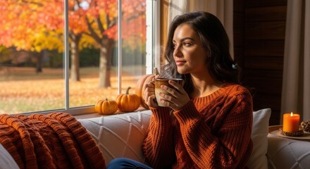 A person in an orange sweater sips from a mug looking out a window at vibrant autumn trees and fallen leaves with pumpkins on the sill