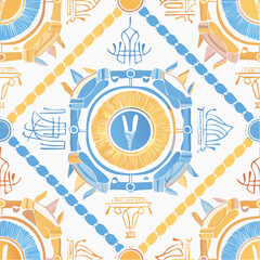A seamless Egyptian scarab beetle pattern with symbolic details. Perfect for jewelry design, packaging, and cultural branding.