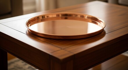 Elegant copper tray positioned on a polished wooden table surface