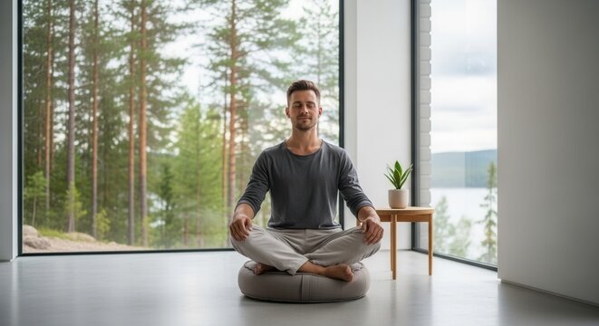 A person sits cross-legged on a cushion eyes closed in a minimalist room with large windows showcasing a forest and lake