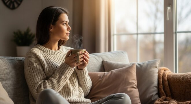 A person sits on a sofa holding a steaming mug and looking out a window wearing a knitted sweater in a cozy indoor setting