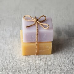 Two handmade soap bars in pastel colors, tied with natural string and placed on a light wooden surface, symbolizing eco-friendly skincare, organic hygiene, and minimalist spa wellness aesthetics.