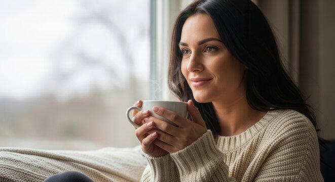 A person with dark hair in a chunky knit sweater holds a steaming mug gazing contemplatively out a window with a blurred view smiling gently