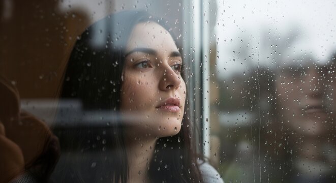 A person with dark hair looks through a rain-covered window with droplets distorting the view
