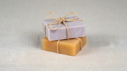 Two handmade soap bars in pastel colors, tied with natural string and placed on a light wooden surface, symbolizing eco-friendly skincare, organic hygiene, and minimalist spa wellness aesthetics.