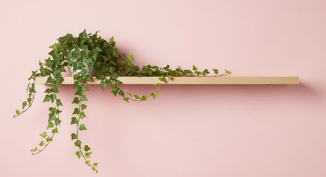 A potted green vine plant rests on a light wooden shelf against a soft pink wall with its leaves trailing gracefully downwards