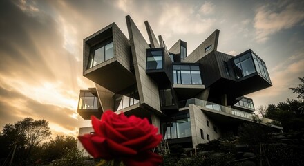 A striking multi-faceted concrete and glass building with cantilevered sections stands against a dramatic sun-drenched sky featuring a prominent blurred red rose in the foreground