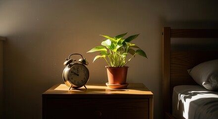 A sunlit room features a bedside table with an antique alarm clock and a potted green plant Dust motes dance in the light above a wooden bed