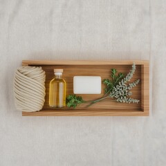 Natural handmade soap bar with herbal essential oil and lavender flowers arranged on a wooden tray, promoting eco-friendly skincare and spa wellness concept, minimalist organic bath product compositio