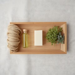 Natural handmade soap bar with herbal essential oil and lavender flowers arranged on a wooden tray, promoting eco-friendly skincare and spa wellness concept, minimalist organic bath product compositio