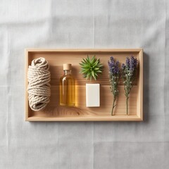 Natural handmade soap bar with herbal essential oil and lavender flowers arranged on a wooden tray, promoting eco-friendly skincare and spa wellness concept, minimalist organic bath product compositio