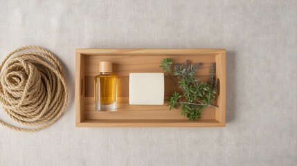 Natural handmade soap bar with herbal essential oil and lavender flowers arranged on a wooden tray, promoting eco-friendly skincare and spa wellness concept, minimalist organic bath product compositio