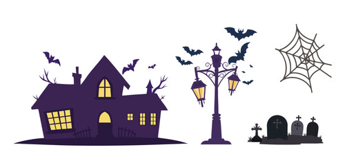 Haunted House and Halloween Elements / ハロウィンの洋館とお化け屋敷のイラストセット