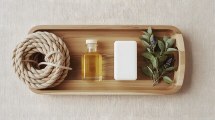 Natural handmade soap bar with herbal essential oil and lavender flowers arranged on a wooden tray, promoting eco-friendly skincare and spa wellness concept, minimalist organic bath product compositio