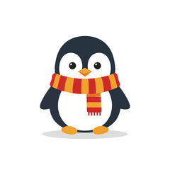 A cute cartoon penguin wearing a warm striped scarf, perfect for winter and holiday designs