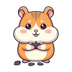 Fototapeta premium Adorable cartoon hamster holding sunflower seeds in its paws, illustration of a cute small rodent with fluffy cheeks enjoying a healthy snack, perfect for children's books and pet lovers