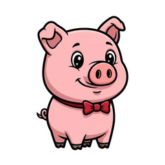 Fototapeta premium An adorable cartoon piglet with a cheerful smile wearing a stylish red bowtie. Cute pink pig character design isolated on a white background