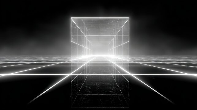 A black and white image of a room with light coming from the doo