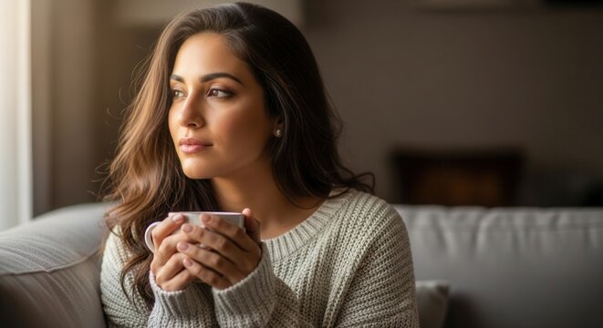 A woman with long brown hair wearing a knitted sweater sits on a couch holding a white mug and looking out a window