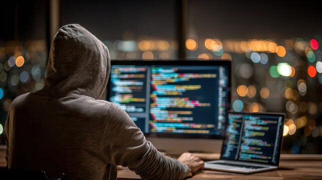 Person in hoodie is working on computer with code displayed on multiple screens, set against blurred cityscape at night. scene conveys sense of focus and technology - Powered by Adobe