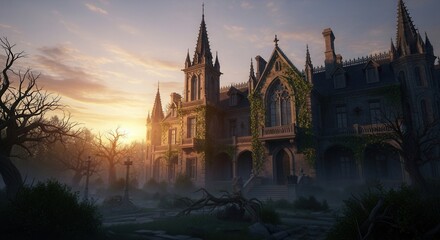 Obraz premium An ornate gothic mansion with towering spires arched windows and climbing ivy surrounded by bare trees in a misty overgrown garden at sunset
