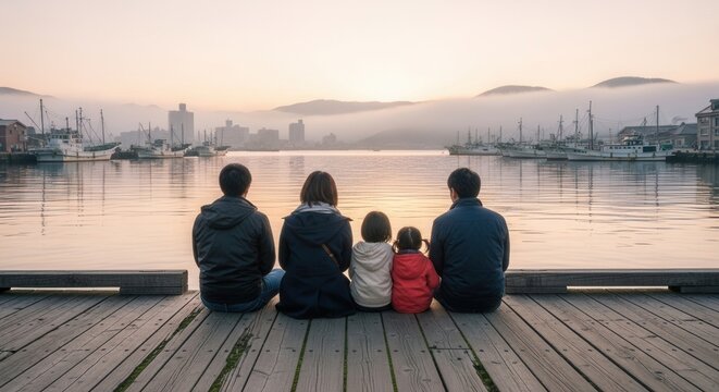 Five individuals sit on a wooden pier gazing at a harbor filled with fishing boats a city in the distance and mist-shrouded mountains at dawn or dusk