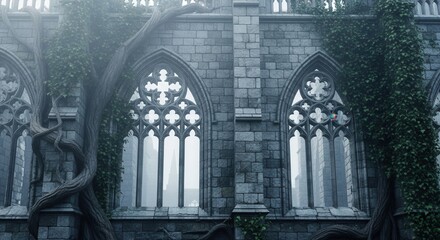 Gothic stone building facade with ornate arched windows reflecting distant structures heavily overgrown with thick tree roots and climbing ivy in a misty atmosphere
