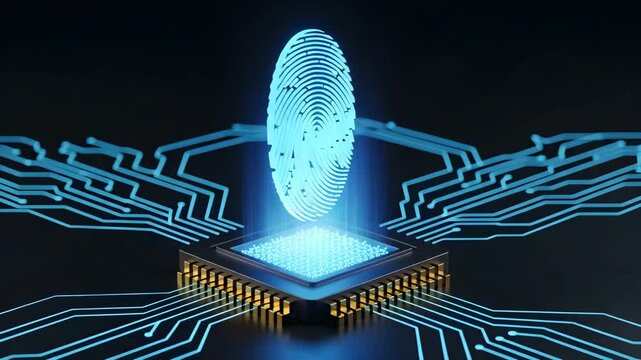 Digital fingerprint glowing on a microchip with circuit board pathways